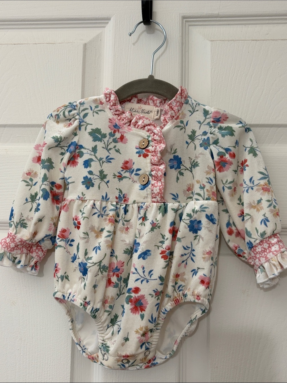 Floral Ruffle Baby Romper - Cream with Pink & Blue Flowers